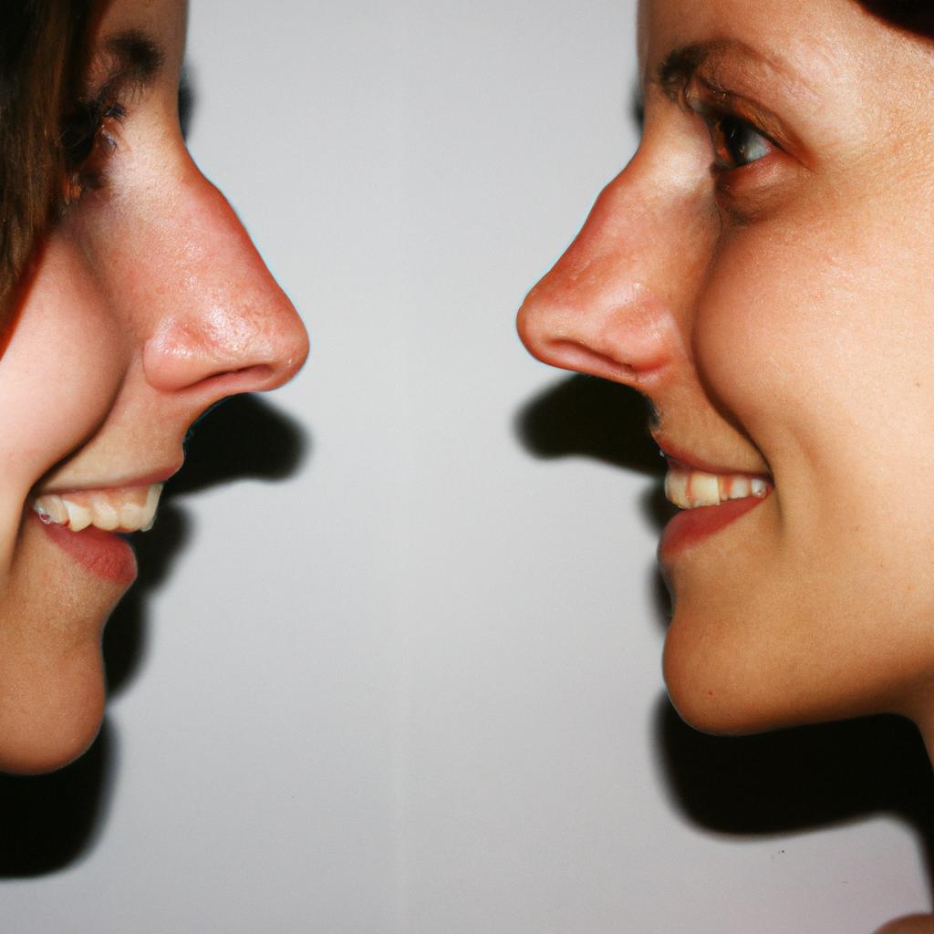 Person comparing nose profiles, smiling