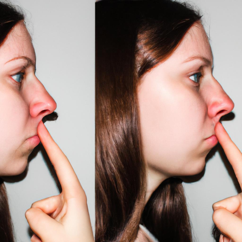 Person comparing nose transformation pictures