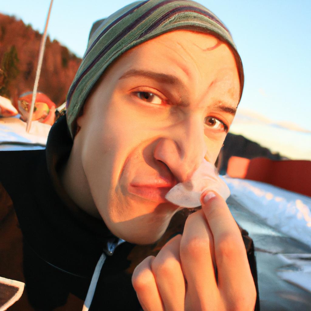Person applying ice to nose